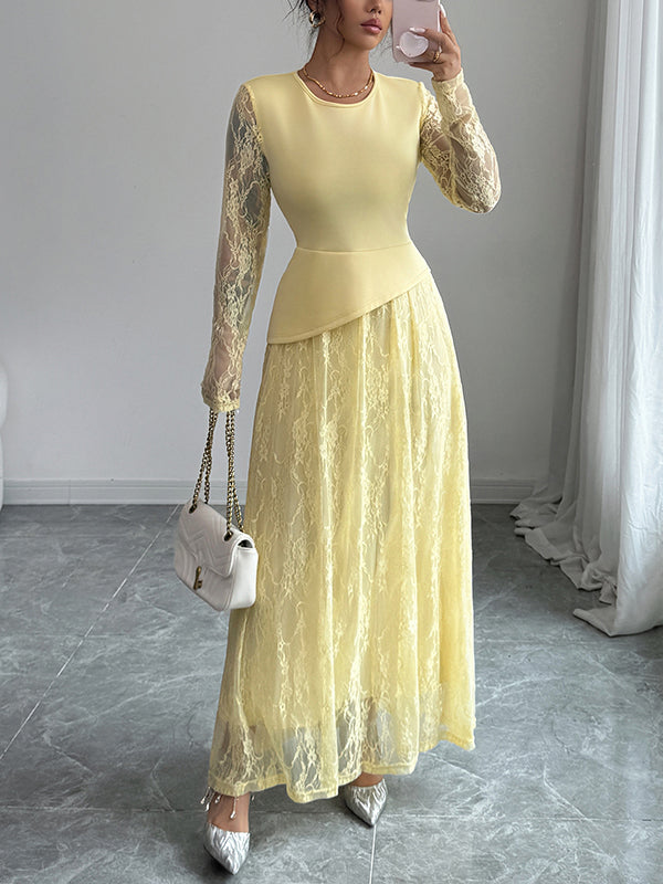 Robe longue asymétrique superposée transparente coupe trapèze, à coupe irrégulière, à imprimé floral, à empiècements, à col rond, couleur unie