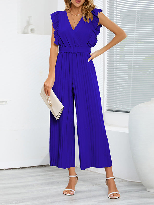 Combinaison ample plissée volantée taille haute, avec ceinture, à col en V, couleur unie