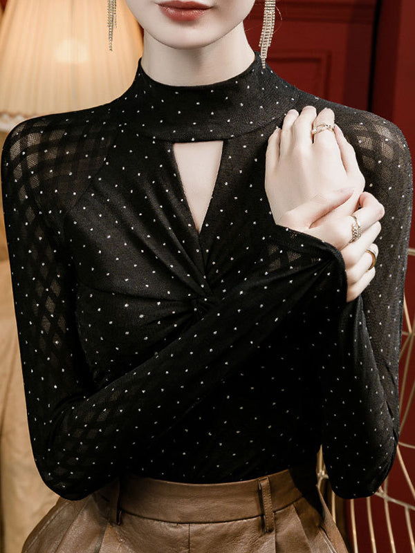 T-shirt ajouré à manches longues, grande taille, à nœud, à pois, à strass, à empiècements, à col cheminée