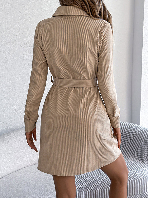 Robe chemise boutonnée à taille élastique, à manches longues, avec ceinture, à boutonnage simple, à col revers, couleur unie