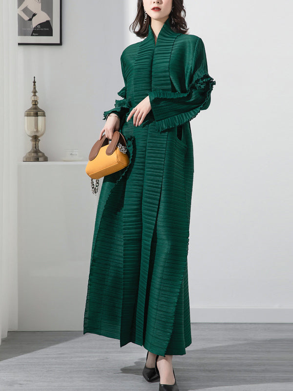 Robe mi-longue décontractée ample nouée plissée à manches longues, à col montant