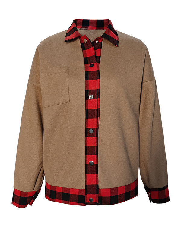 Manteau en laine ample boutonné à manches longues, à carreaux, à poches, à empiècements, à col revers