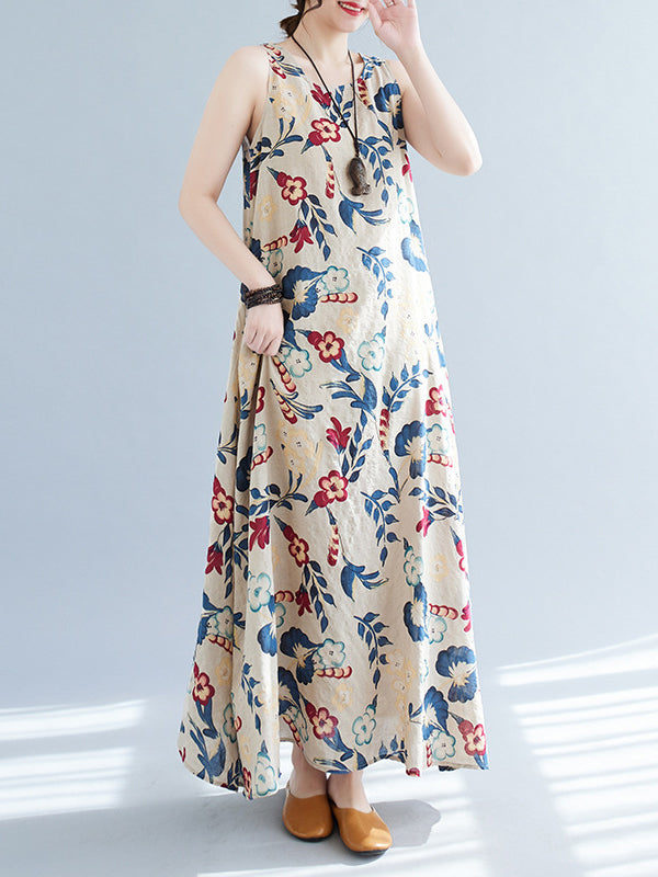 Robe longue ample sans manches, à imprimé floral, à col rond