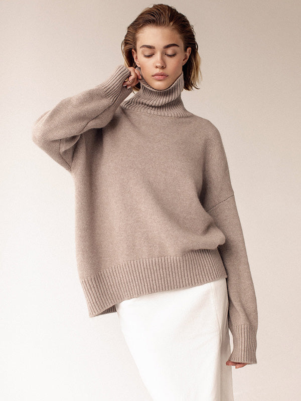 Pull décontracté ample à manches longues, à col haut, couleur unie