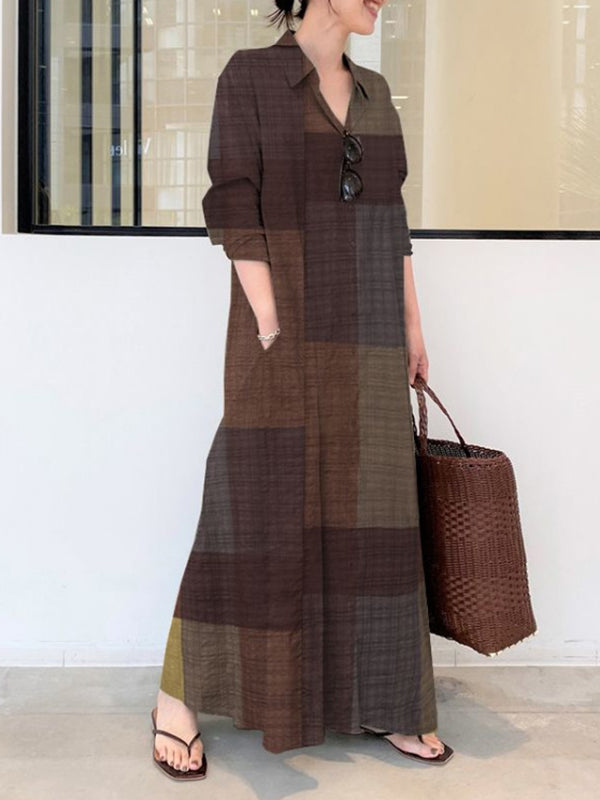 Robe chemise ample à manches longues, à carreaux, à poches, à col revers