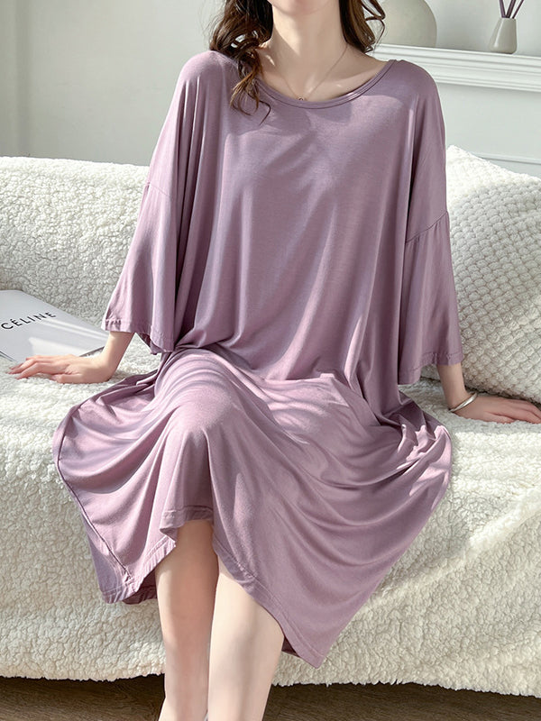 Robe de pyjama ample à taille haute, couleur unie, fendue, col rond