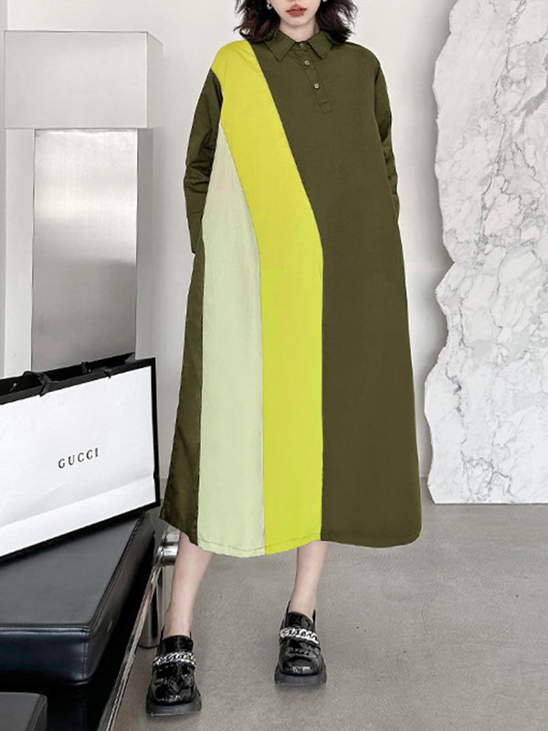 Robe chemise ample asymétrique boutonnée à manches longues, à empiècements, à col revers, couleur contrastée