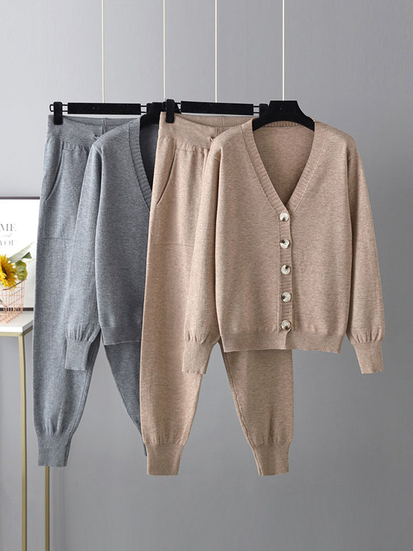 Ensemble deux pièces décontracté ample à col en V, couleur unie – cardigan + sarouel