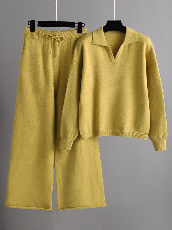 Ensemble deux pièces urbain à manches longues, col polo, à jambes larges, couleur unie – pull + pantalon