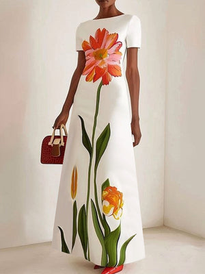 Robe longue à manches courtes, à imprimé floral, à col bateau