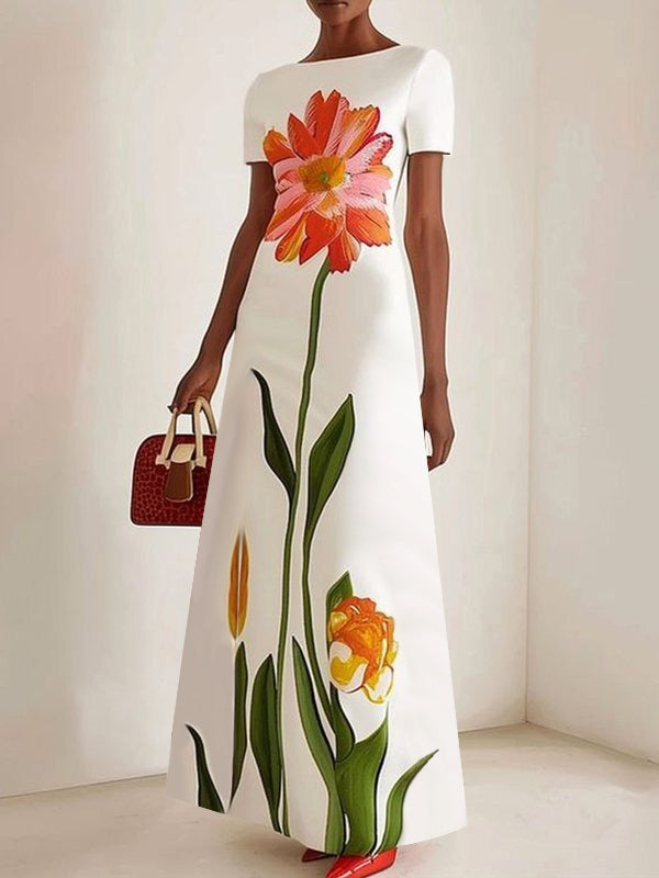 Robe longue à manches courtes, à imprimé floral, à col bateau