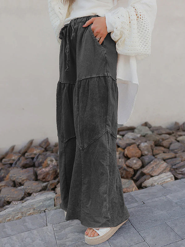 Pantalon ample plissé taille haute, à cordon de serrage, à poches, à empiècements, couleur unie
