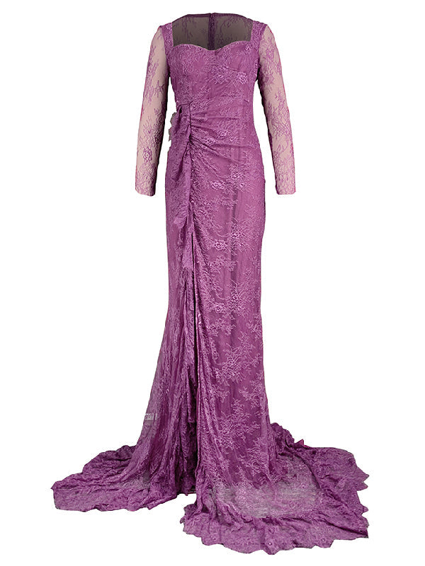 Robe de soirée longue transparente fendue sur le côté à manches longues, coupe sirène, en résille, à col carré