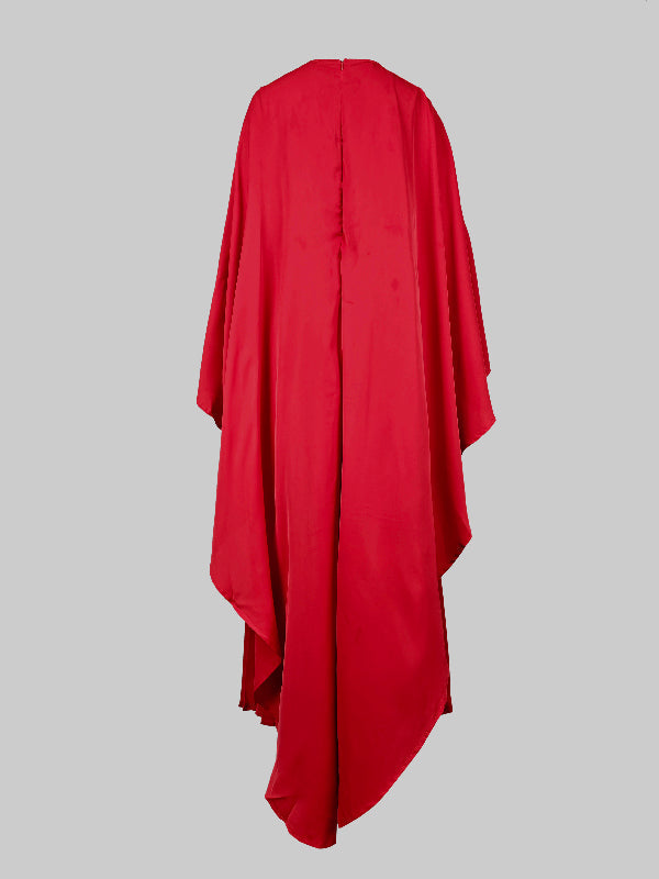 Robe de soirée longue plissée style cape, à ourlet plongeant, à empiècements, à col rond, couleur unie