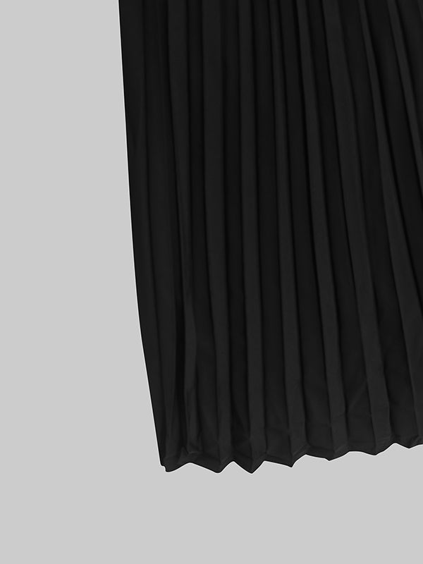 Robe longue moulante ajourée plissée sans manches, à empiècements, à col cheminée, couleur unie