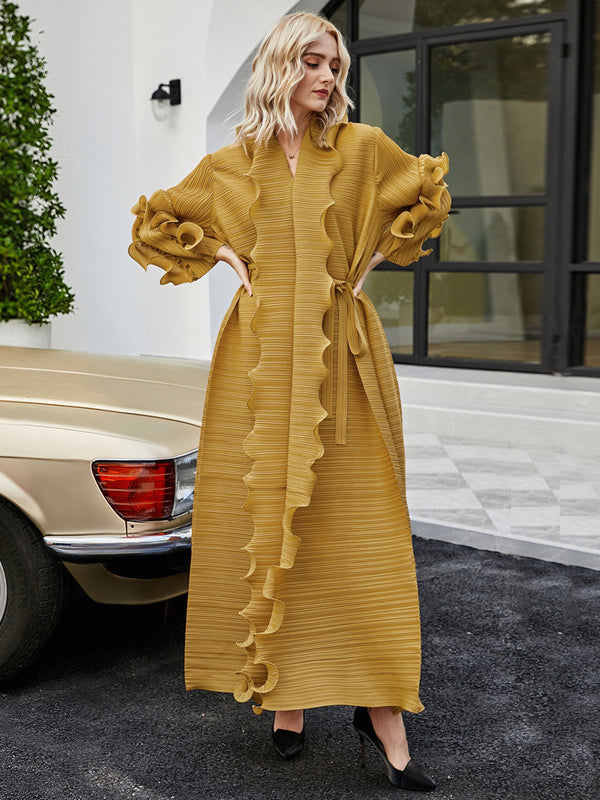 Robe longue ample nouée plissée à manches longues, à falbalas, à col en V, couleur unie