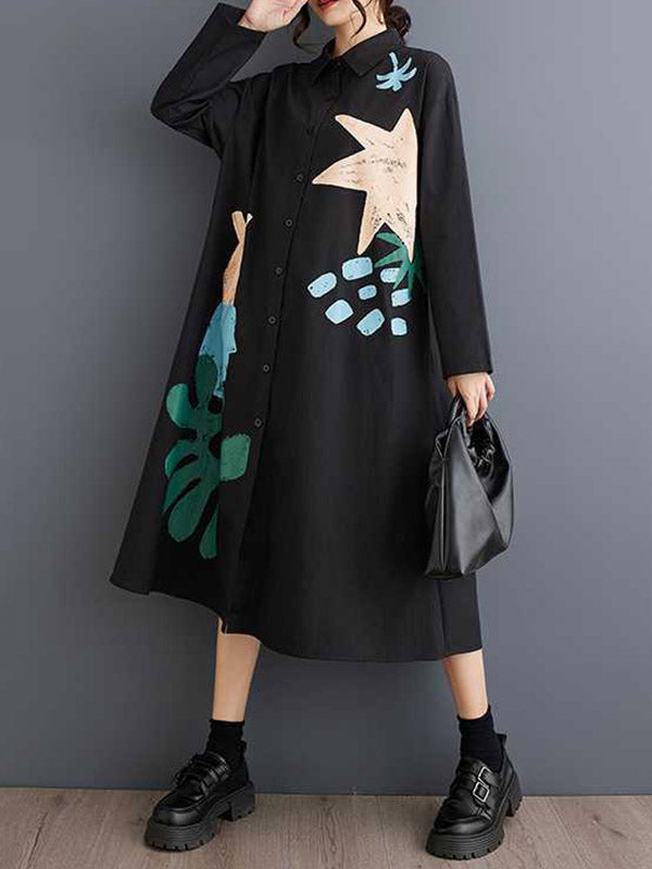 Robe chemise boutonnée imprimée coupe trapèze, à manches longues, à poches, à empiècements, à col revers