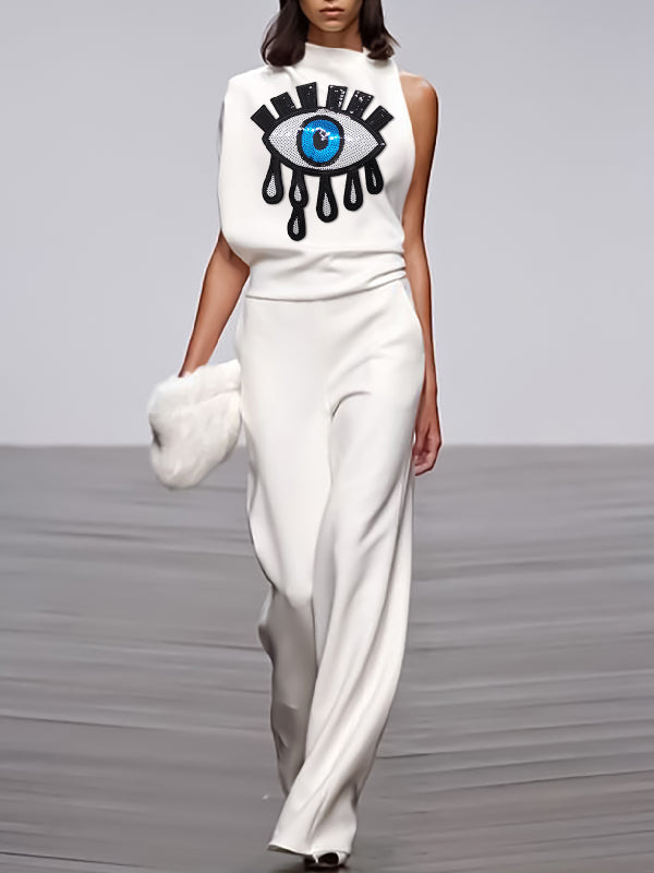 Chemisier brodé asymétrique à appliqués et col cheminée