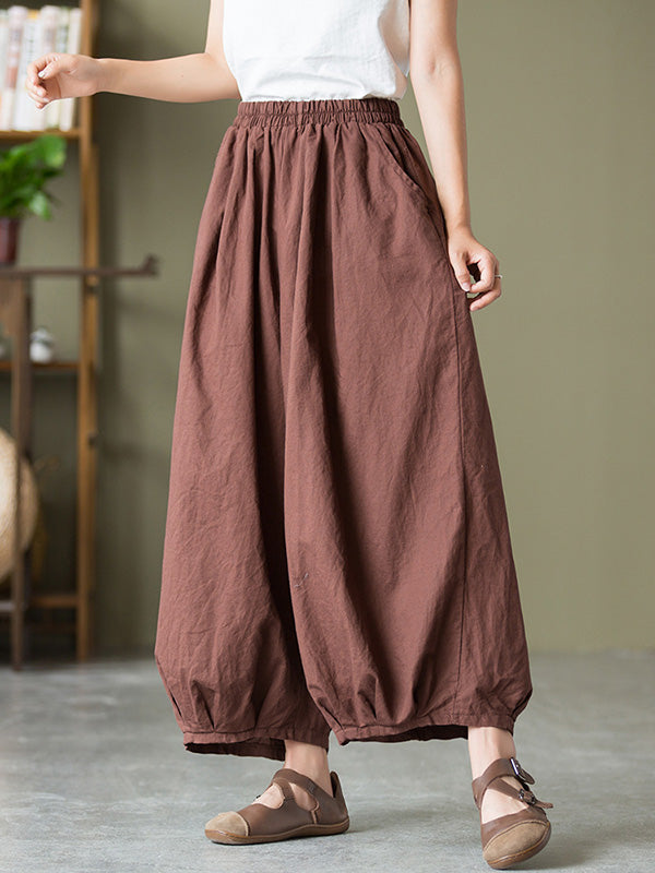 Knickerbockers à jambes larges et amples en lin, couleur unie, cordon de serrage plissé