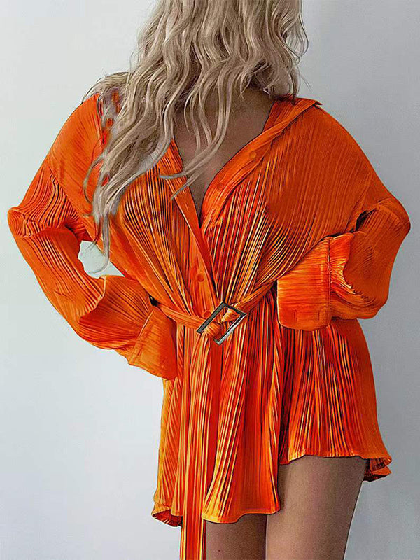Robe chemise boutonnée plissée à manches longues, à taille nouée, à col revers, couleur unie