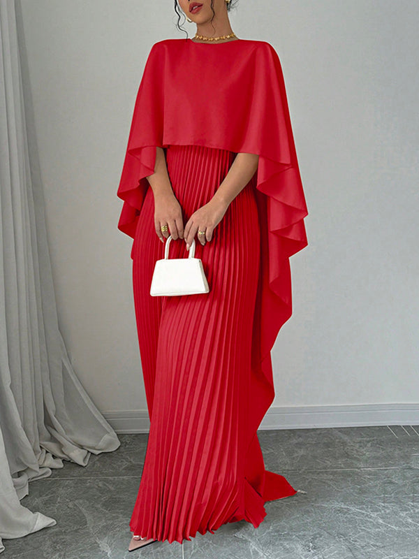 Robe de soirée longue plissée style cape, à ourlet plongeant, à empiècements, à col rond, couleur unie