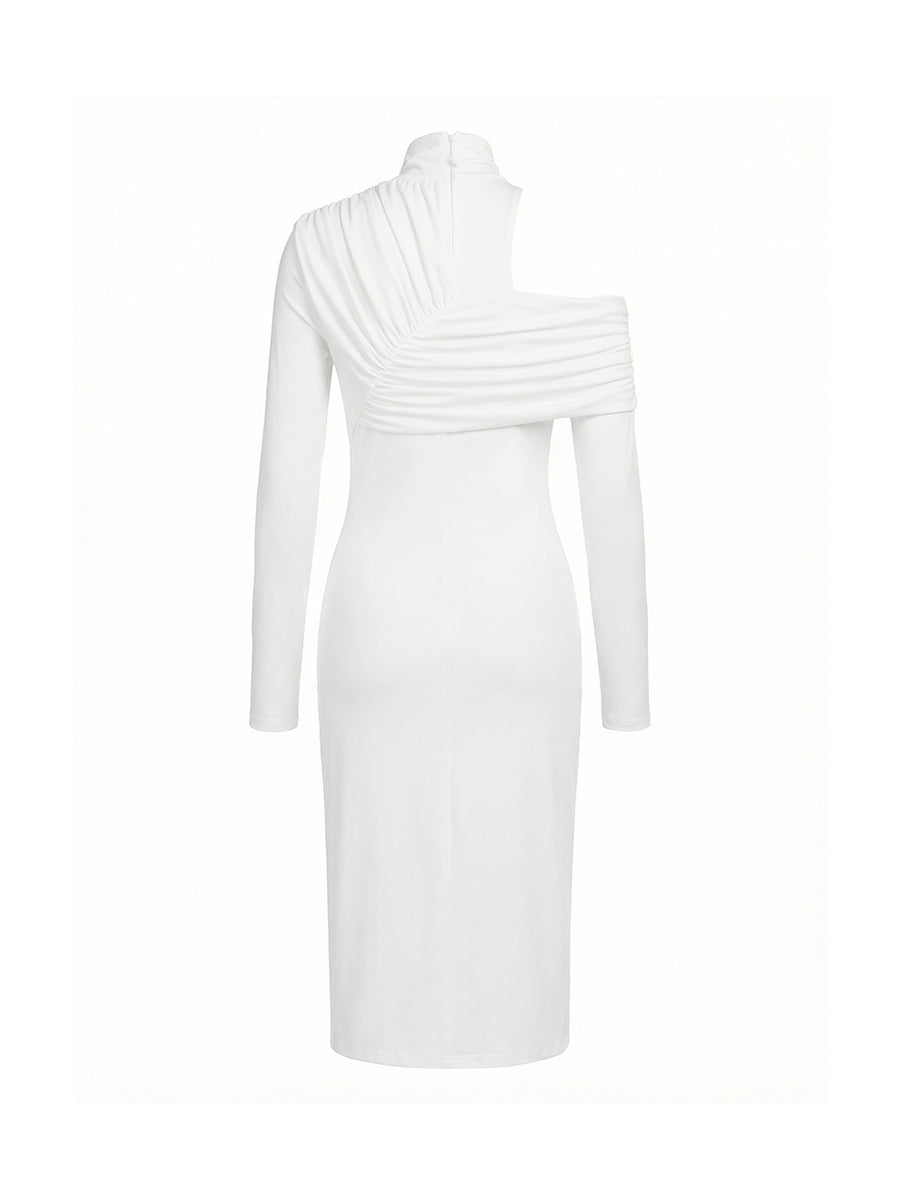 Robe mi-longue asymétrique plissée fendue devant fendue sur le côté à manches longues, à empiècements, à col haut, couleur unie