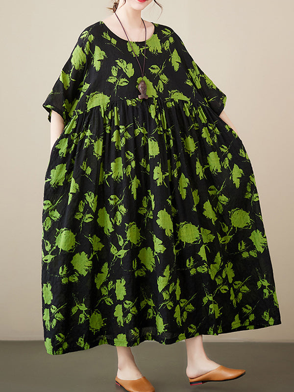 Robe mi-longue ample plissée à fleurs, à col rond