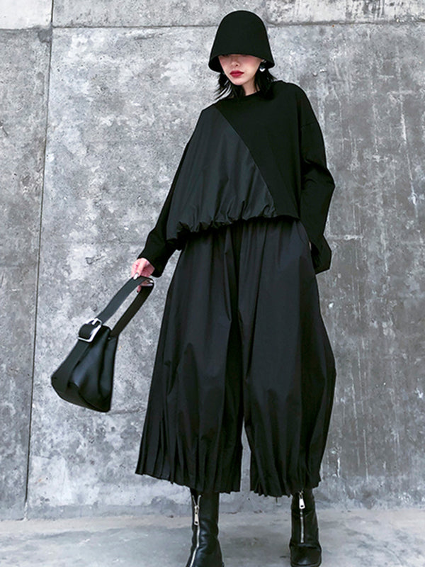 Pantalon élégant noir taille haute, à jambes larges, couleur unie