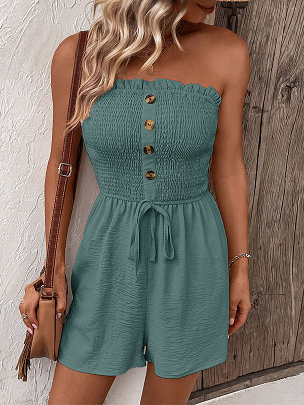 Combishort ample boutonné grande taille, à cordon de serrage, à taille élastique, à poches, à empiècements, bustier