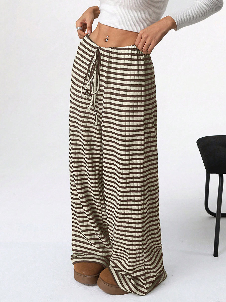 Pantalon rayé à taille élastique, taille haute, à cordon de serrage, à empiècements, couleur contrastée