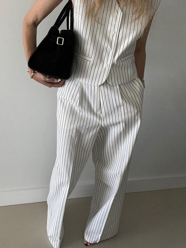 Ensemble deux pièces ample boutonné rayé sans manches, à col en V – débardeur + bas