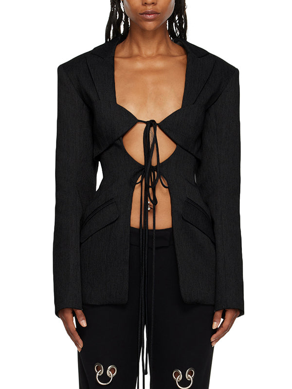 Blazer ample noué à manches longues, à poches, à col cranté, couleur unie