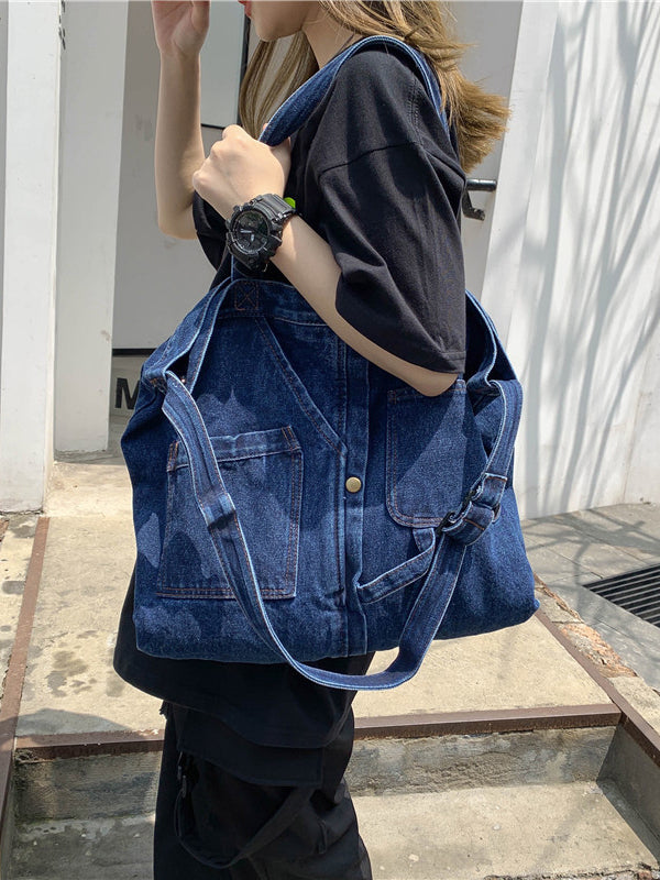 Sac décontracté en jean, à empiècements, couleur unie