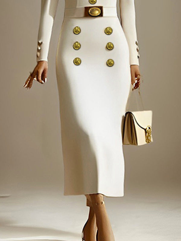 Robe mi-longue boutonnée à manches longues, à manches bouffantes, à décolleté en V profond, couleur unie