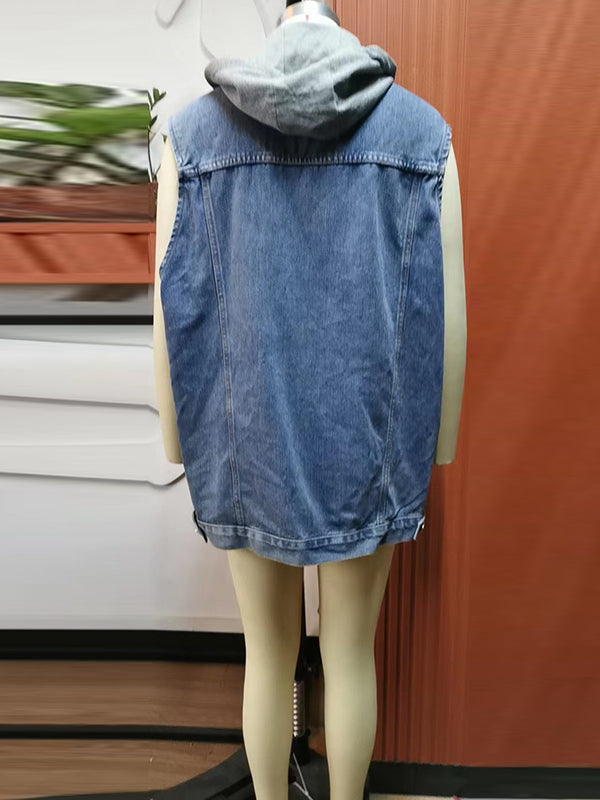 Gilet sans manches ample boutonné amovible à cordon de serrage, à capuche, à poches, à empiècements, col polo