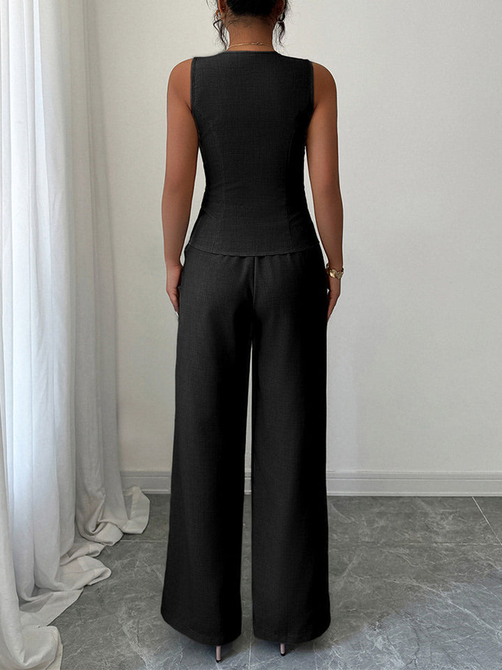 Ensemble deux pièces boutonné sans manches, à col en V, taille haute, couleur contrastée – chemisier + pantalon