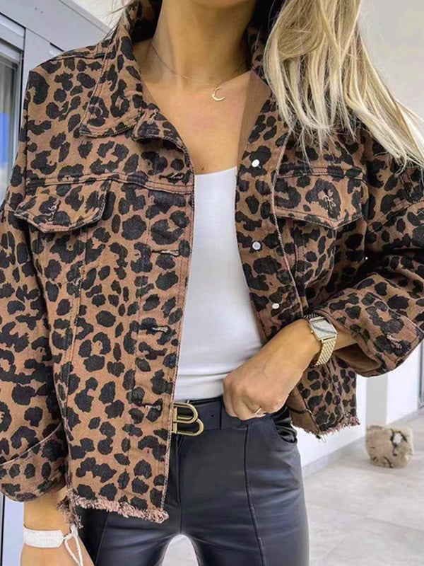 Veste ample boutonnée à manches longues, à franges, à imprimé léopard, à poches, à col revers