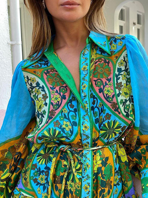 Robe mi-longue ample taille haute, à manches bouffantes, avec ceinture, à imprimé floral, à col revers