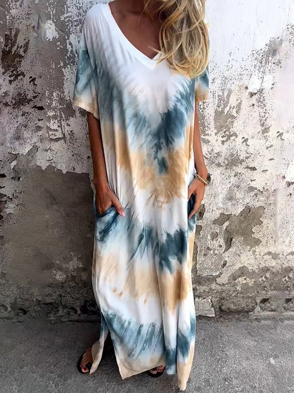 Robe trapèze ample avec poches de couleur contrastée et col en V teint par nouage