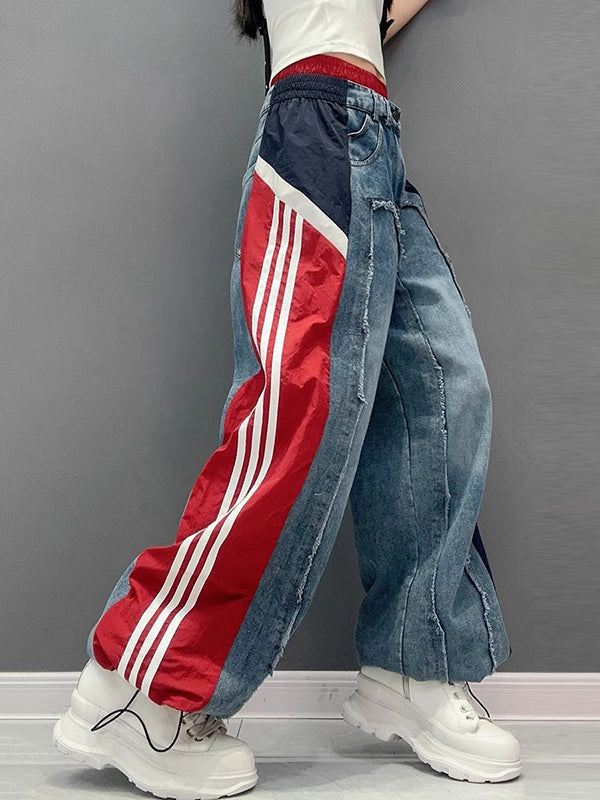 Jean ample à jambes larges, à cordon de serrage, à taille élastique, à franges, à empiècements, couleur contrastée