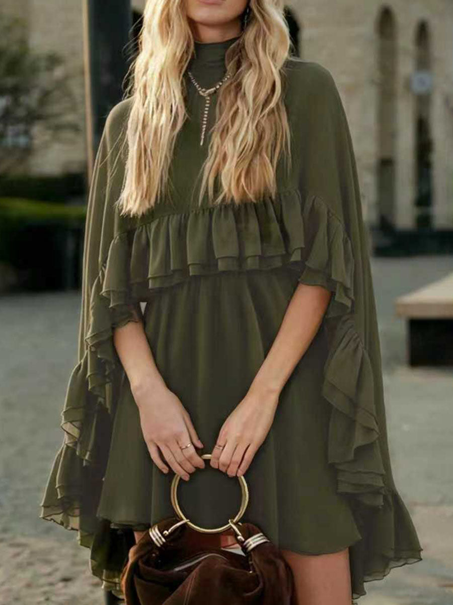 Robe courte ensemble deux pièces plissée volantée nouée taille haute, sans manches, à empiècements, à col cheminée, couleur unie