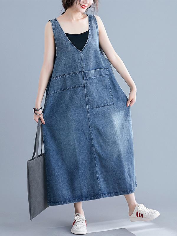 Robe mi-longue ample sans manches, en jean, à col en V