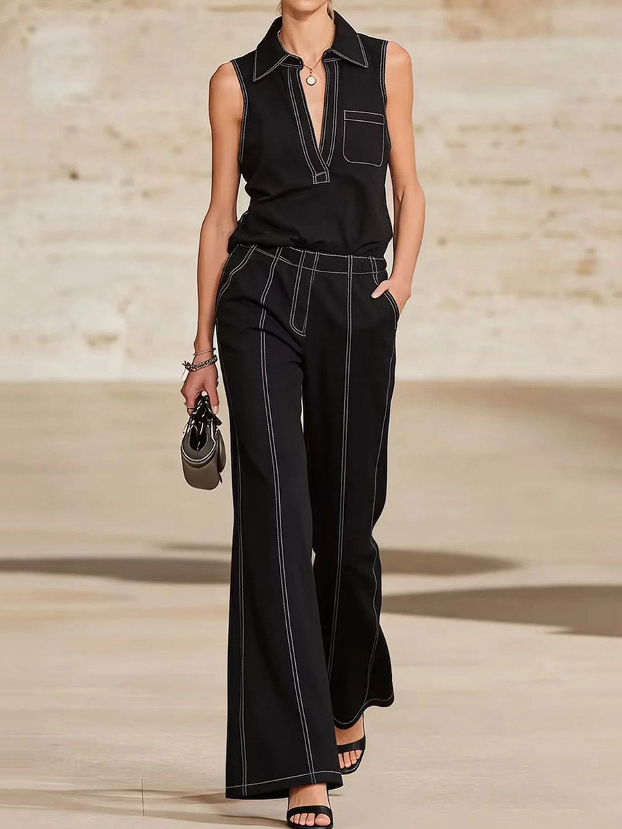 Pantalon taille haute, à jambes larges, à poches, couleur unie