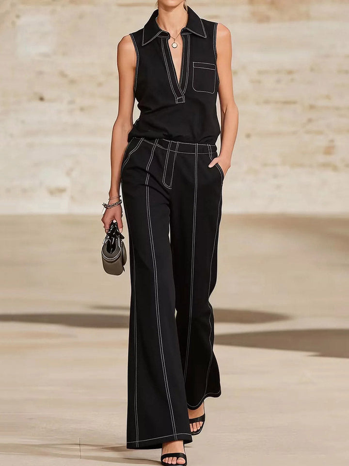 Pantalon taille haute, à jambes larges, à poches, couleur unie