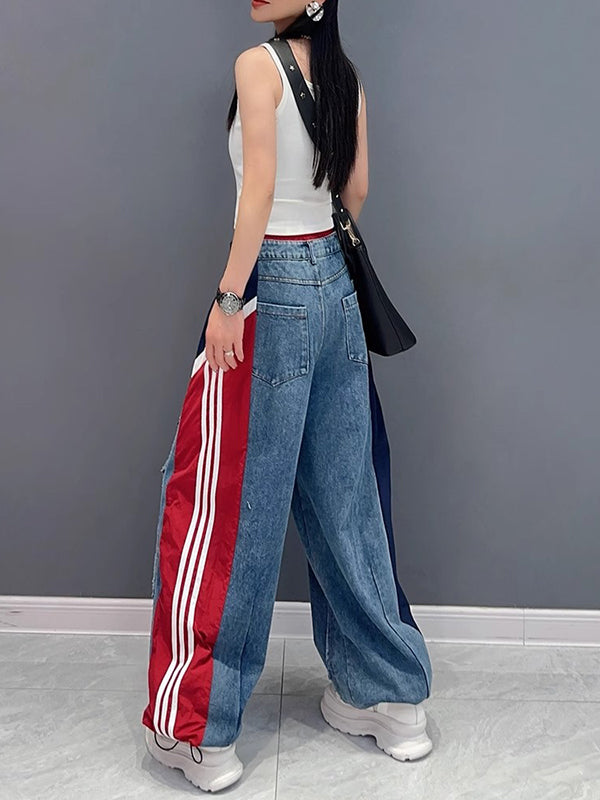 Jean ample à jambes larges, à cordon de serrage, à taille élastique, à franges, à empiècements, couleur contrastée