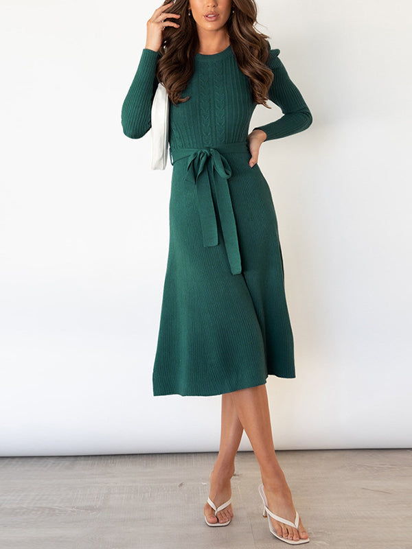 Robe pull taille haute, à manches longues, à taille nouée, à col rond, couleur unie