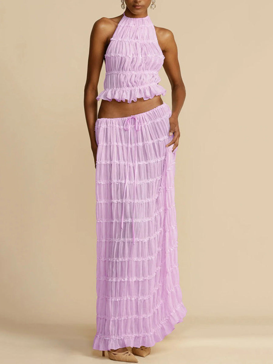 Ensemble deux pièces plissé texturé court volanté à col licou, dos nu, à taille nouée, taille haute, couleur unie – débardeur + jupe