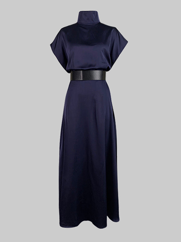 Robe longue ample à manches raglan, à empiècements, à taille nouée, à col haut, couleur unie