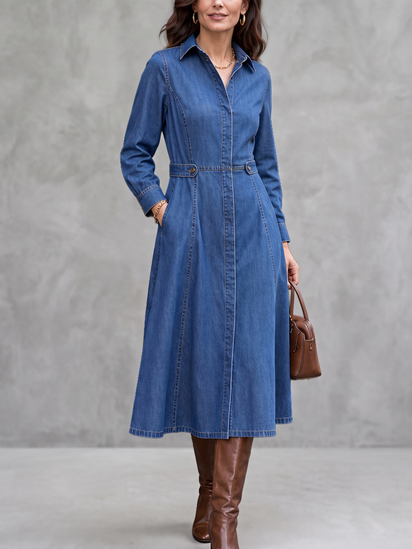 Robe mi-longue boutonnée à empiècements, à poches, à manches longues, taille haute, à col revers, couleur unie