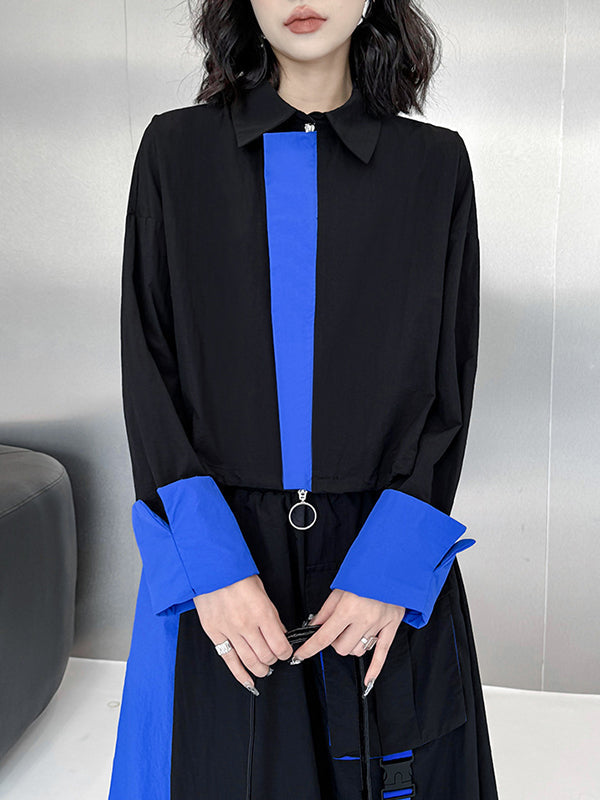 Ensemble deux pièces asymétrique à empiècements, à col revers, coupe trapèze, à taille élastique, à poches, à rubans, couleur contrastée – chemisier + jupe